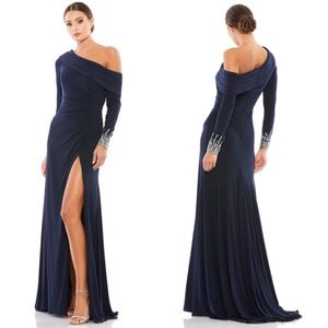Mac Duggal Beaded Cuff Wrap Style Gown Maxi Dress 12231 Midnight Blue Size 6